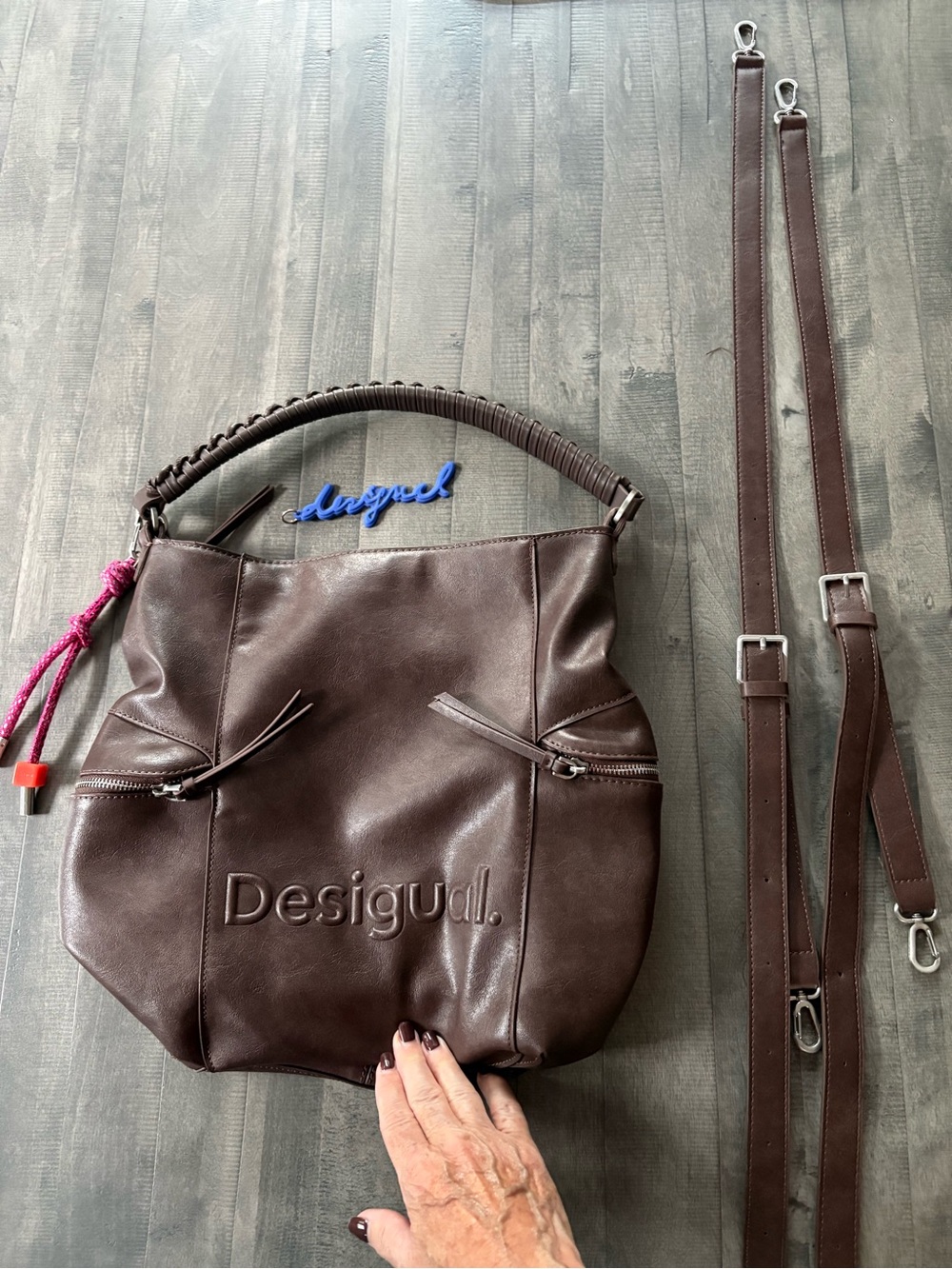 Desigual Dark Brown Braided-Handle Hobo Bag with Removable Straps